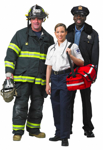 Firefighter, EMT, and police officer in protective gear.
