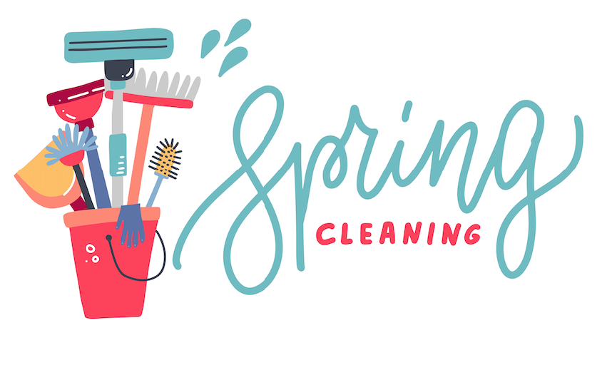 Image with a bucket and cleaning products and text that says spring cleaning