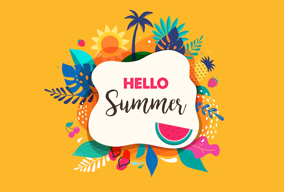 hello summer  text with summer images of flowers and a watermelon