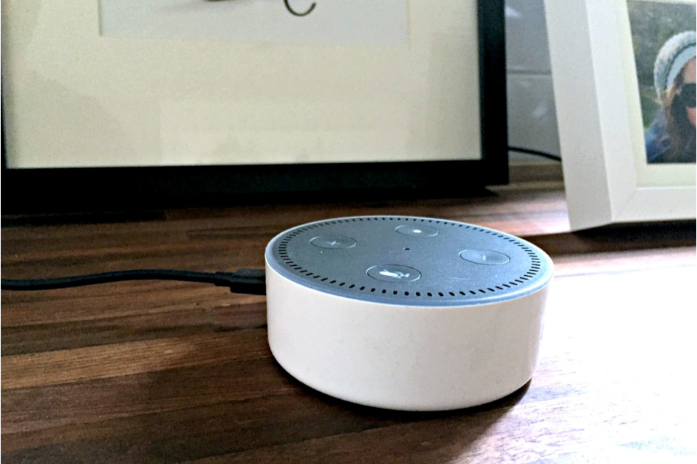 Amazon Echo Dot in a kitchen with wood countertops