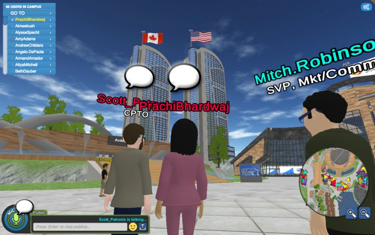 We got up to look around. To the right was a virtual building housing the agent services and processing team. The skyscrapers with the US and Canada flags are home to brokerage operations, team offices, and co-working spaces.